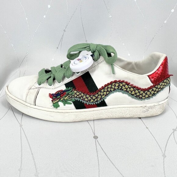 Gucci White Sneakers with Green Laces and Dragon Embroidery - Picture 8 of 14